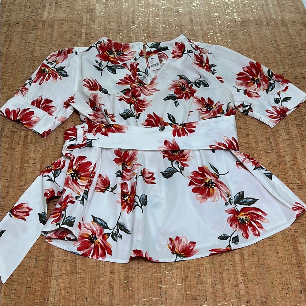 Lane Bryant Red Floral Top with Belt Size 14